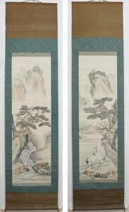 160　鶴亀　山水花鳥図　双幅　日本画　中国画　 絹本　 肉筆　 当箱　　時代掛軸