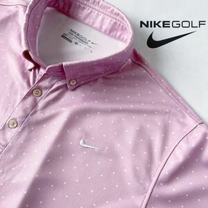 ナイキ ゴルフ NIKE GOLF 吸汗速乾 ボタンダウン シャツ XL ピンク x ホワイト ドット柄 DRY-FIT サラサラ 半袖 ゴルフシャツ