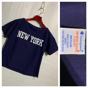 CHAMPION チャンピヨン　チャンピオン　NEW YORK ニューヨーク　リバースウィーブ　半袖　カットソー　Tシャツ　紺×白　M ネイビー