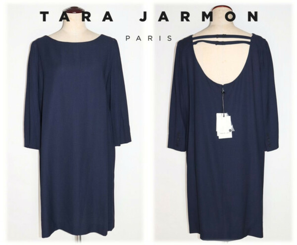 新品タグ付き【TARA JARMON タラジャーモン】くるみボタン 七分袖ワンピース ロングチュニック 紺 42(13号) v963