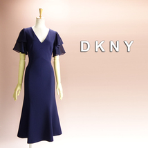 新品 DKNY 4/9号 ダナキャラン 紺 フレア袖 半袖 ワンピース パーティドレス 結婚式 二次会 披露宴 オフィス お呼ばれ 発表会 華35J0601_画像1