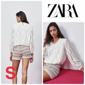 ZARA ザラ EMBROIDERED SHIRT 刺繍シアーブラウス　S 白　ホワイト　ドット　花柄　長袖 トップス