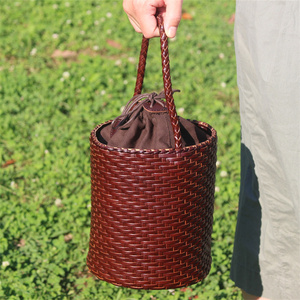  hand made bucket type bag hand basket cow original leather leather knitting bag basket bag 