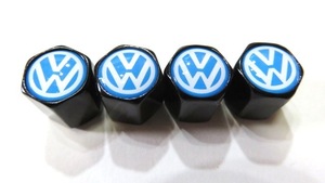 送料無料 VOLKSWAGEN　タイヤ バルブキャップ 4個 盗難防止機構付 黒ボディ　青ベース　VW　ワーゲン フォルクスワーゲン