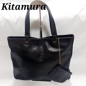 キタムラ レザー トートバッグ ポーチ付き ブラック ロゴ A4 革 ビジネス kitamura
