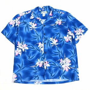 ハワイ製 TWO PALMS レーヨン100% 花柄 アロハシャツ L(JP:XL相当) 総柄 青 ブルー 半袖 USA製 古着 特大 大きいサイズ 2L LL メンズ 紳士