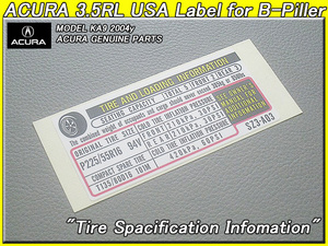 レジェンドKA9最終【ACURA】アキュラ3.5RL純正USラベルTire.Infomation(04y)/USDM北米仕様タイヤ空気圧インフォメーション.ステッカーUSA