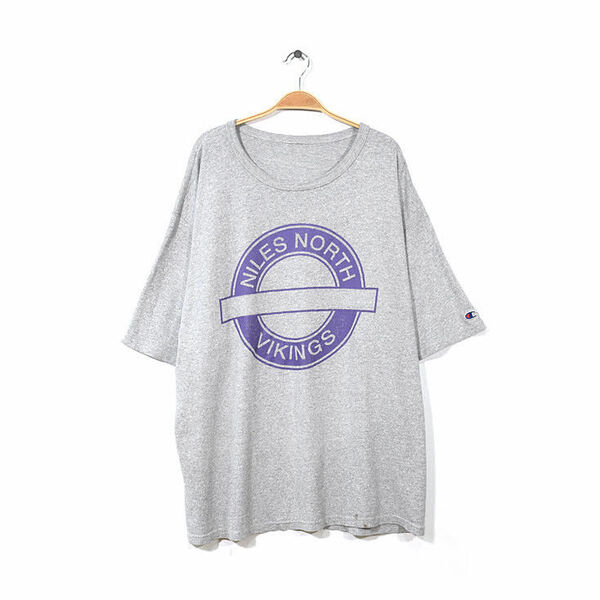 【送料無料】90S チャンピオン アメフト バイキングス クルーネック Tシャツ シングルステッチ メンズXXL相当 NILES NORTH VIKINGS BB0438