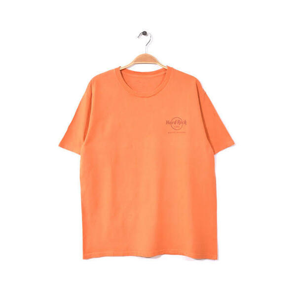 【送料無料】 ハードロックカフェ コットン クルーネック 半袖 Tシャツ メンズM相当 Hard Rock CAFE オレンジ色 古着 BB0485
