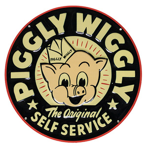 看板 エンボス メタルサイン PIGGLY WIGGLY ピグリー・ウィグリー 高さ30×幅30cm ブリキ看板 店舗 インテリア