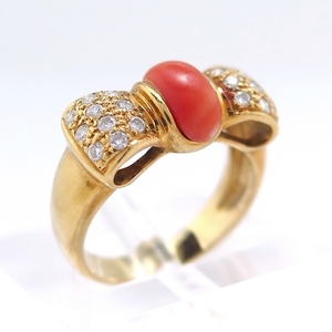 750YG yellow gold ring ring coral .. coral diamond 0.300ct 9.5 number ribbon stylish simple [ used ]/10024783