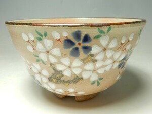 10638/○原清和 色絵梅紋茶碗 陶印在 京焼 抹茶碗 茶道具