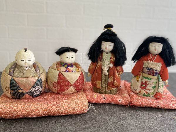時代物 日本人形 雛人形 男女一対二組 童人形 4体 わらべ 児童 子供 男女揃え 台座布団付き アンティーク 長期保管品, 人形, キャラクタードール, 日本人形, その他