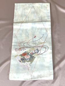 未使用保管品　正絹　九寸名古屋帯　名古屋仕立　お太鼓柄　金糸金箔色箔使い　刺繍　扇面紋様　ムラ染