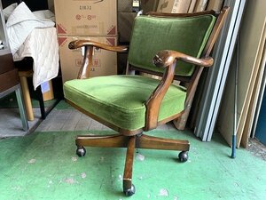 【引取歓迎】karimoku カリモク コロニアルシリーズ デスクチェア⑧■モケットグリーン■キャスターチェア■アームチェア■木製■椅子■Η