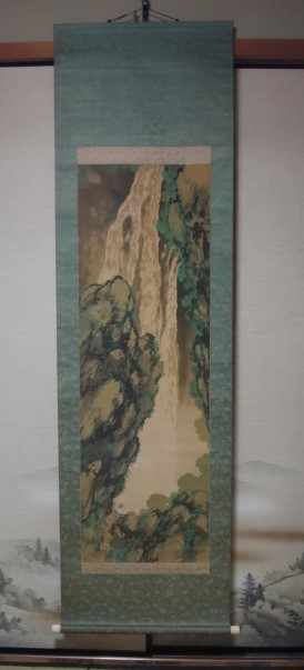 040616 Morizuki Castle, brush, colored on silk, landscape painting, hanging scroll, Natsuyama Falls, box included Hyogo Prefecture, Harima, Banshu, Kato City, painting, Japanese painting, landscape, Fugetsu