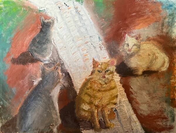 自作絵画　猫の集会　油彩画　油絵