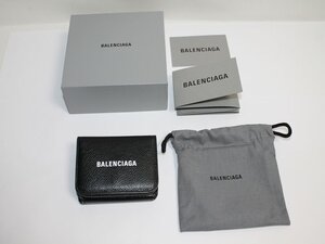 中古 美品 BALENCIAGA 三つ折り財布 593813 レザー 黒 ブラック コンパクト財布 ミニウォレット メンズ レディース 財布 バレンシアガ USED