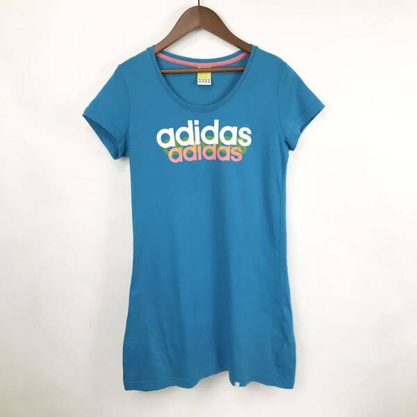 大きいサイズ adidas neo アディダス ネオ レディース 半袖 Tシャツ ロング ロンT ブルー 青色 ロゴ スポーツ トレーニング カジュアル