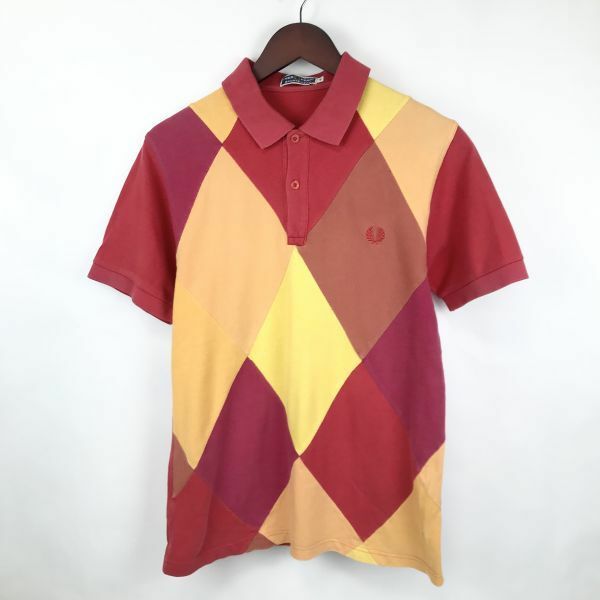 FRED PERRY SPORTSWEAR フレッドペリー スポーツ ウェア メンズ 半袖 ポロシャツ ロゴ アーガイル ダイヤ 赤 オレンジ Sサイズ ゴルフ golf