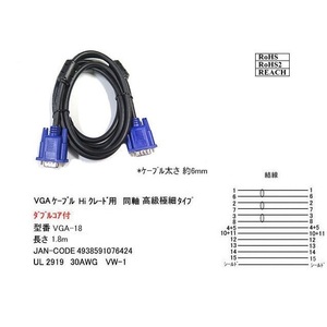 【VGA-18】VGAケーブル 高級極細タイプ D-Sub15pin用　1.8m　バルク品発送（開封）単品送料無料
