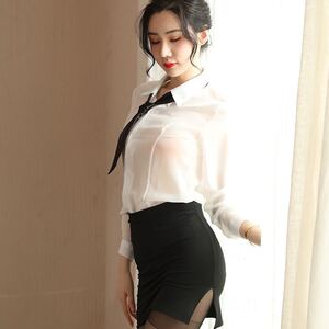 セクシー コスプレ 家庭教師 女教師 OL シースルーシャツ マイクロミニスカート ストッキング付き 4点セット ブラウス 制服 スリット