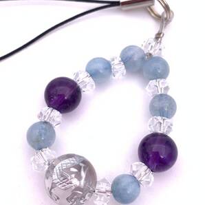 天然石水晶銀彫り青龍&アクアマリン&アメジストのストラップ