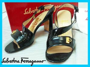 Salvatore Ferragamo フェラガモ サンダル イタリア製 DEMENTRA 7cm DFH55174 75S サイズ6 NERO PATENTCALF ベルト 箱 お買得 必見①