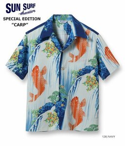 SUN SURF サンサーフ SPECIAL EDITION 半袖アロハシャツ SS38868「CARP」レーヨン壁縮緬 ハワイアンシャツ ネイビー XL 新品