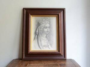 Price Down アンティーク オブジェ 木製フレーム ウォールデコレーション (絵画) デッサン画 王女様 王冠