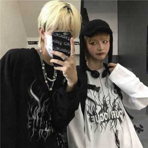 春服 長袖 Tシャツ 個性的 デザイン 病み 炎 ロゴ ビックシルエット 韓国