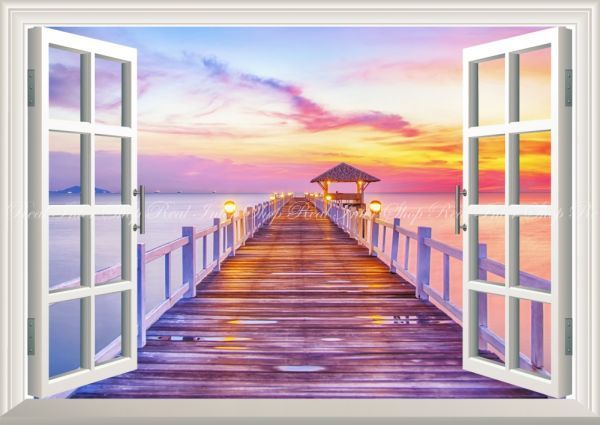 [窗户规格] 日落码头加勒比海度假村度假休闲绘画风格壁纸海报 A2 尺寸 594 x 420 毫米可剥离贴纸类型 005MA2, 印刷材料, 海报, 其他的