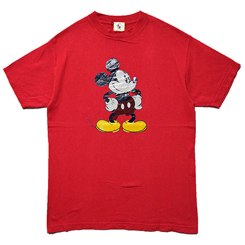 【M】 ディズニー ミッキーマウス キャラクター Tシャツ メンズM相当 赤色 Disney ヴィンテージ アメカジ 古着 ディズニーランド BA3385