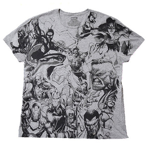 【XL】 マーベル アメリカンコミックス デアデビル スパイダーマン ハルク キャラクター 総柄 Tシャツ メンズXL グレー MARVEL 古着 BA3415