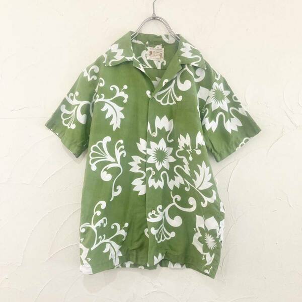 60s 70s ビンテージ 黄緑 柄 ハワイアン 半袖シャツ