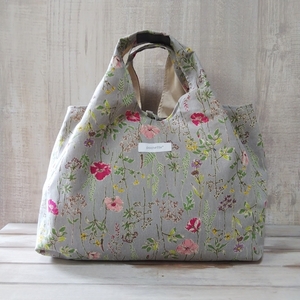 *handmade*エコバッグ・サブバッグ *綿麻フラワーガーデン柄*グレー×カラフル no/261 *ハンドメイド* pochette*