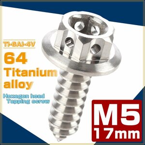 64チタン製 M5×17mm タッピングネジ フランジ付 六角頭 ヘキサゴンヘッド ビス シルバー チタン原色 JA603