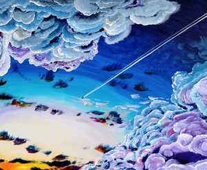 新藤淑子【夏と空と飛行機雲】１点物。真作。原画。絵画。キャンバスF１２号。風景画。雲。空。夏の絵。真作証明書有り。迫力あります。