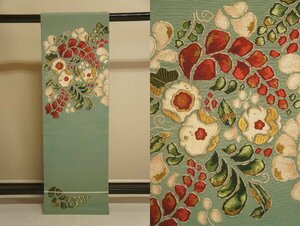  special selection [... one ]..... celadon color ground embroidery flower pattern Nagoya obi URN55