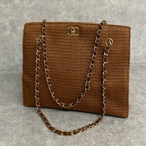 1円 美品 希少品 シール有 5番台 CHANEL シャネル ストロー ターンロック ココマーク チェーン ミニ ショルダーバッグ ブラウン 62973