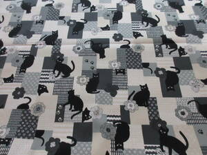 オックス 黒猫 110×250cm 綿100% 生地 日本製 モノトーン系/ねこ ネコ　はぎれ　パッチワーク風