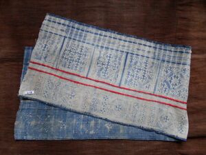 手織麻布100x28 cm no.218　HEMPぬの　ラオスモン族hmong　藍染めはぎれ　ロウケツ染め　batik