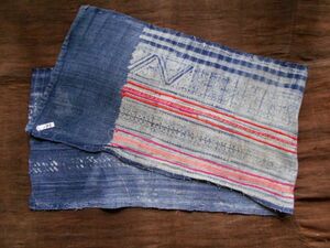 手織麻布100x27 cm no.195　HEMPぬの　ラオスモン族hmong　藍染めはぎれ　ロウケツ染め　batik