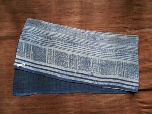 手織麻布100x 22cm no.177　HEMPぬの　ラオスモン族hmong　藍染めはぎれ　ロウケツ染め　batik