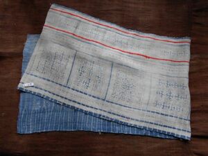 手織麻布100x31 cm no.127　HEMPぬの　ラオスモン族hmong　藍染めはぎれ　ロウケツ染め　batik