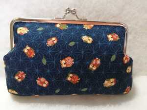 ☆彡ハンドメイド がま口通帳コスメポーチ 藍染風 ふくろう(不苦労 福来郎)