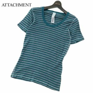 ATTACHMENT Attachment spring summer short sleeves U neck * border stretch cut and sewn T-shirt Sz.1 men's made in Japan C2T07208_7#D