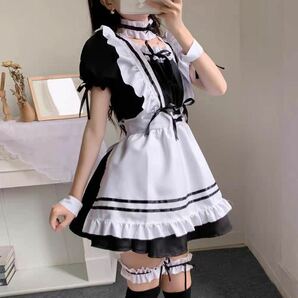 【Mサイズ】黒メイド服 萌え コスプレ 衣装 ロリータ かわいい 6点セット+白ソックス