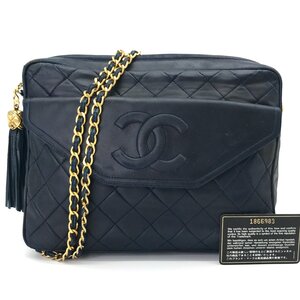M4764 1円 良品 CHANEL シャネル マトラッセ フリンジ チェーン ショルダー バッグ ネイビー