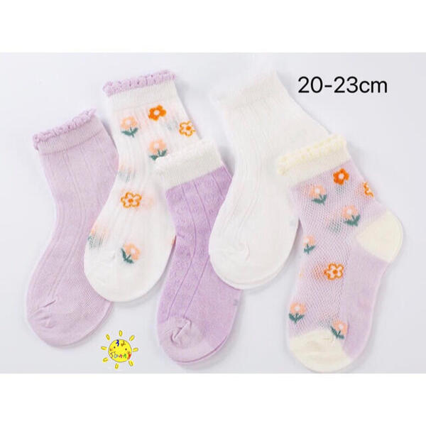 0760XL 可愛い お花柄 キッズ靴下 子供 ソックス メッシュ 紫色 5足組